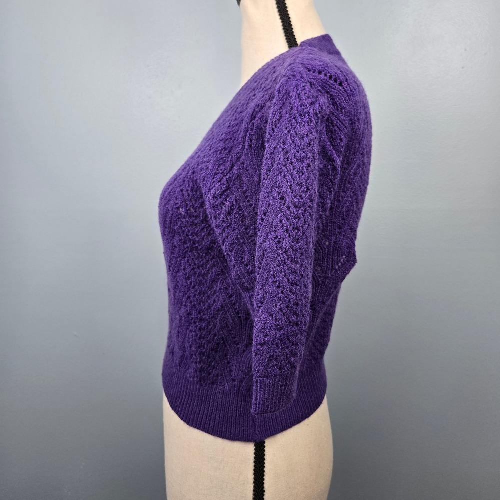 Knit Mix Purple Knit Short Sleeve Top Women's Medium Open Stitch Sweater - Picture 3 of 12